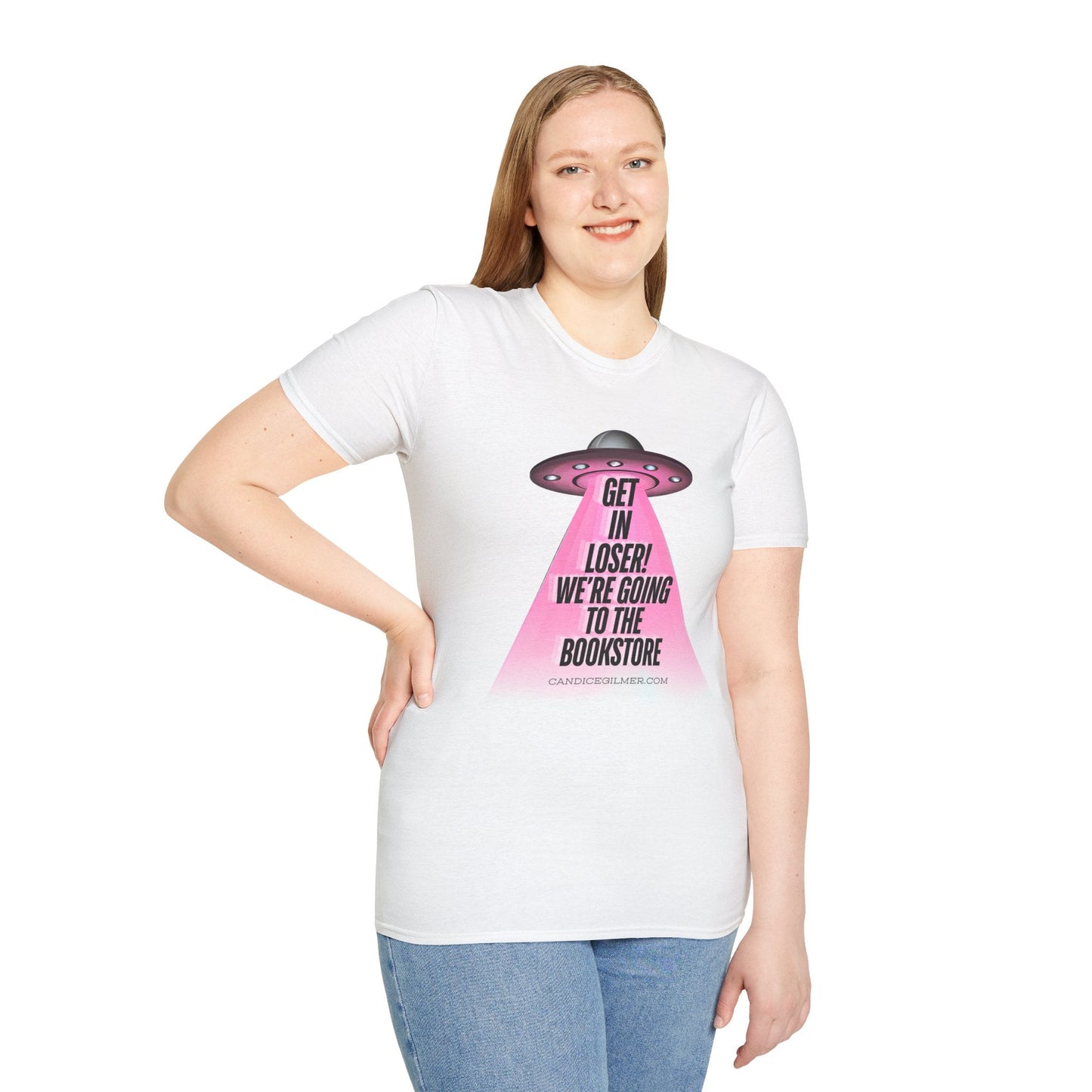 Get In Loser! T-Shirt, Unisex Softstyle Tee, Bookstore Lover Gift, Alien Graphic Tee, Fun Casual Wear, Unique Gift for Nerds - Candice Gilmer Books