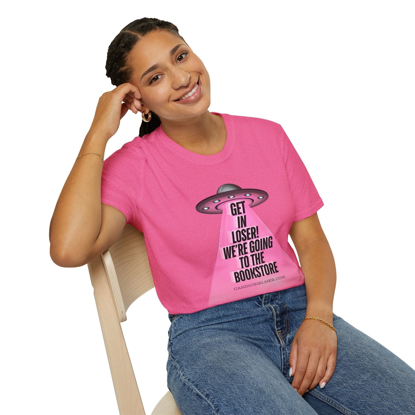 Get In Loser! T-Shirt, Unisex Softstyle Tee, Bookstore Lover Gift, Alien Graphic Tee, Fun Casual Wear, Unique Gift for Nerds - Candice Gilmer Books