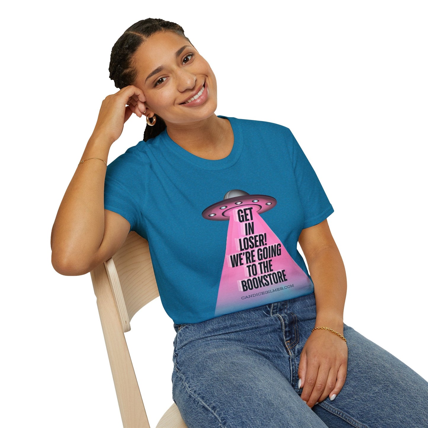 Get In Loser! T-Shirt, Unisex Softstyle Tee, Bookstore Lover Gift, Alien Graphic Tee, Fun Casual Wear, Unique Gift for Nerds - Candice Gilmer Books