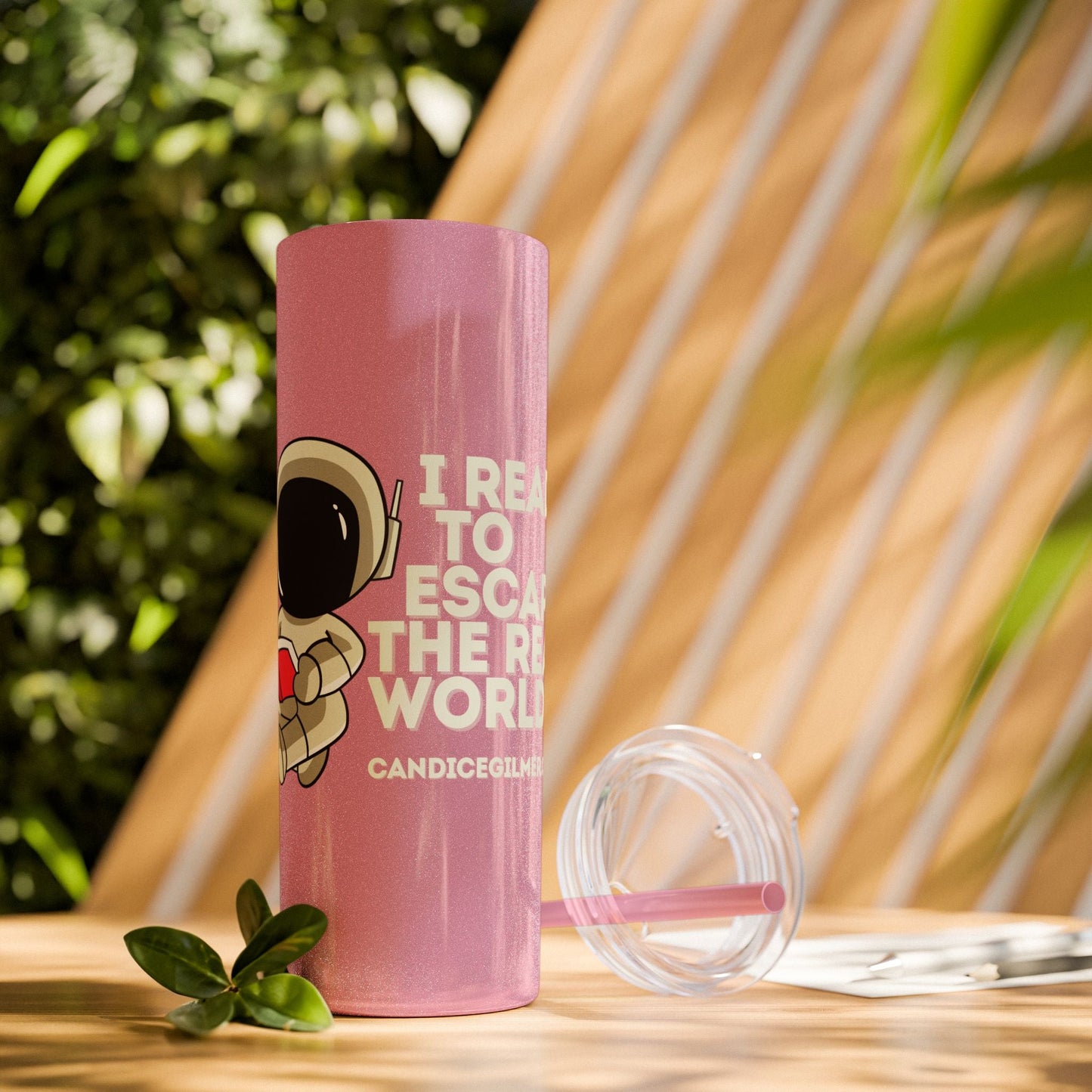 I Read to Escape the Real World Skinny Glitter Tumbler with Straw, Perfect for Space Lovers, Travel Mug, Coffee Cup, Drinkware - Candice Gilmer Books