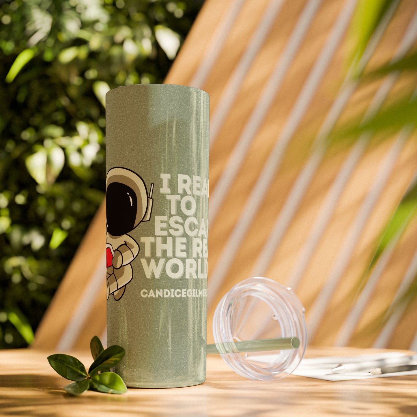 I Read to Escape the Real World Skinny Glitter Tumbler with Straw, Perfect for Space Lovers, Travel Mug, Coffee Cup, Drinkware - Candice Gilmer Books
