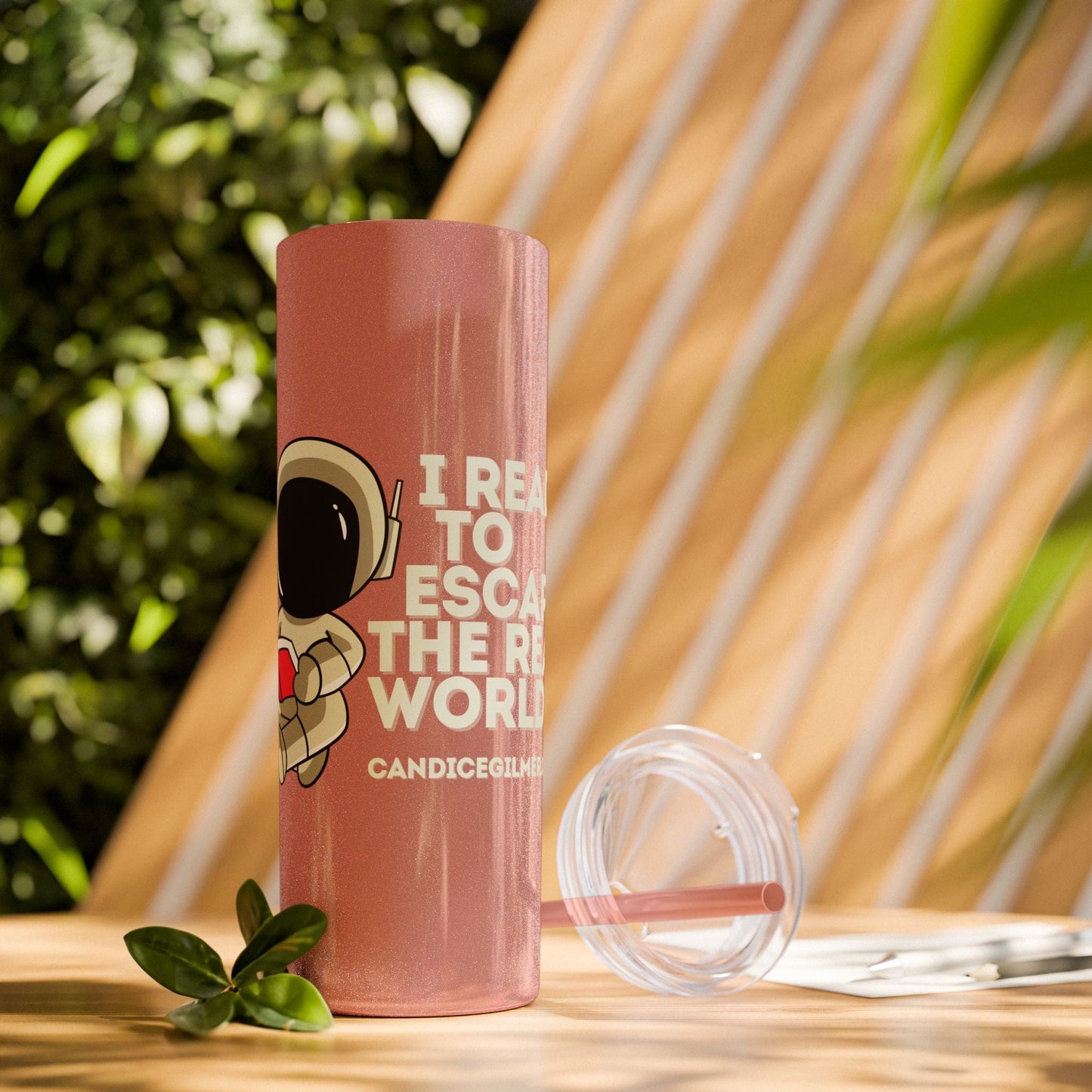 I Read to Escape the Real World Skinny Glitter Tumbler with Straw, Perfect for Space Lovers, Travel Mug, Coffee Cup, Drinkware - Candice Gilmer Books