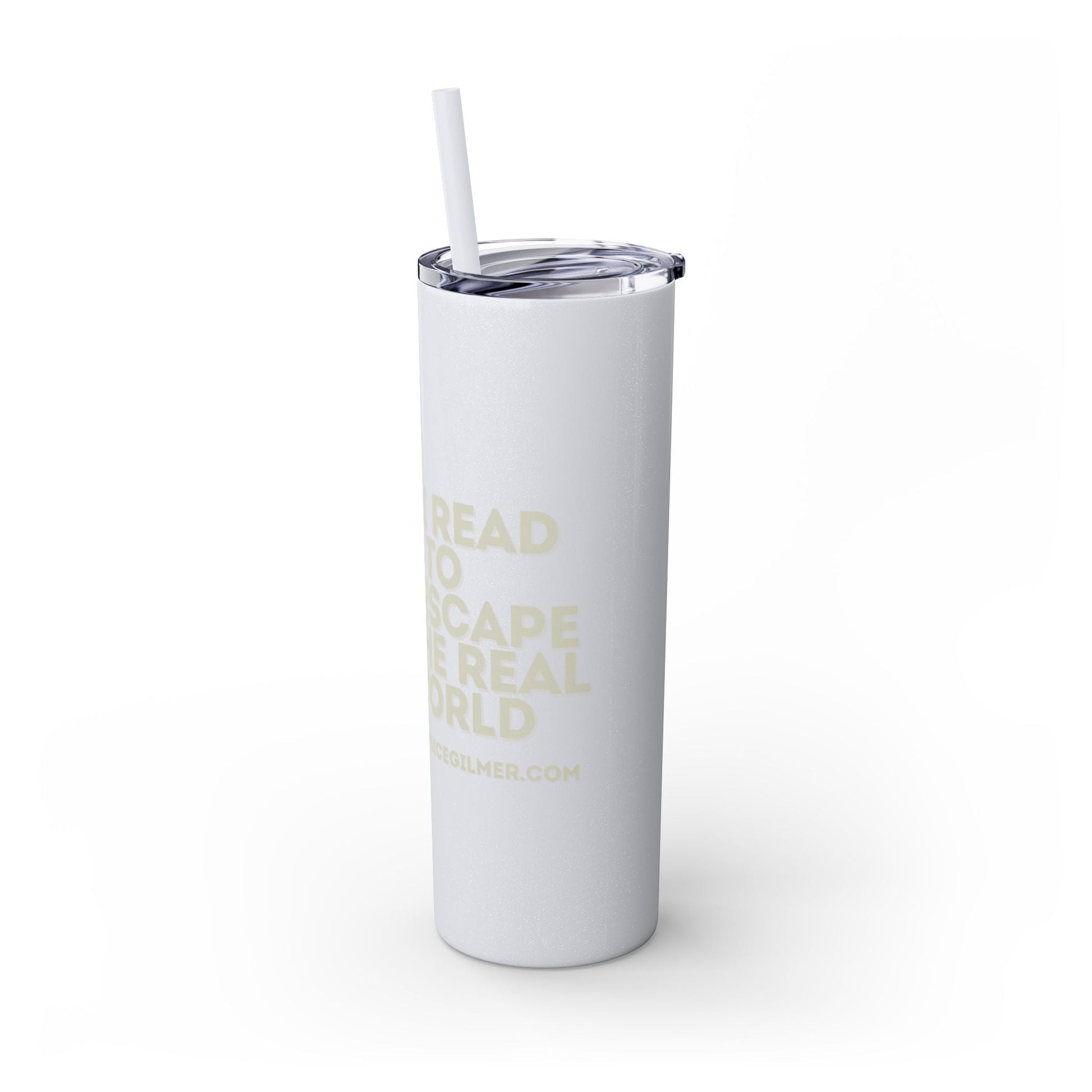 I Read to Escape the Real World Skinny Glitter Tumbler with Straw, Perfect for Space Lovers, Travel Mug, Coffee Cup, Drinkware - Candice Gilmer Books