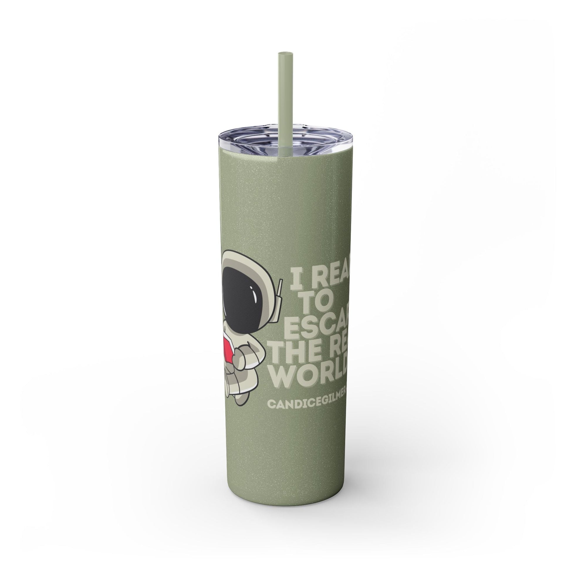 I Read to Escape the Real World Skinny Glitter Tumbler with Straw, Perfect for Space Lovers, Travel Mug, Coffee Cup, Drinkware - Candice Gilmer Books