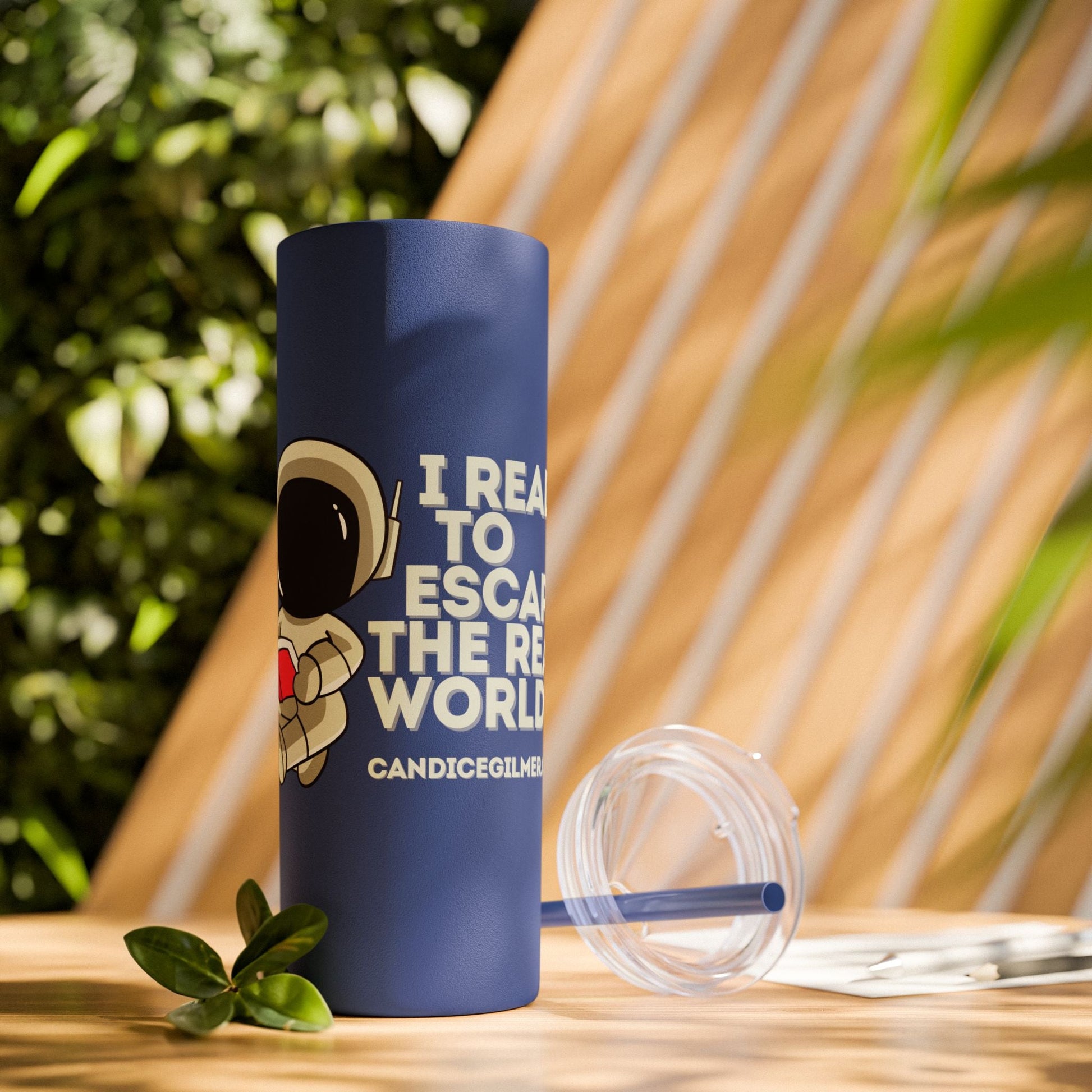 I Read to Escape the Real World Skinny Glitter Tumbler with Straw, Perfect for Space Lovers, Travel Mug, Coffee Cup, Drinkware - Candice Gilmer Books