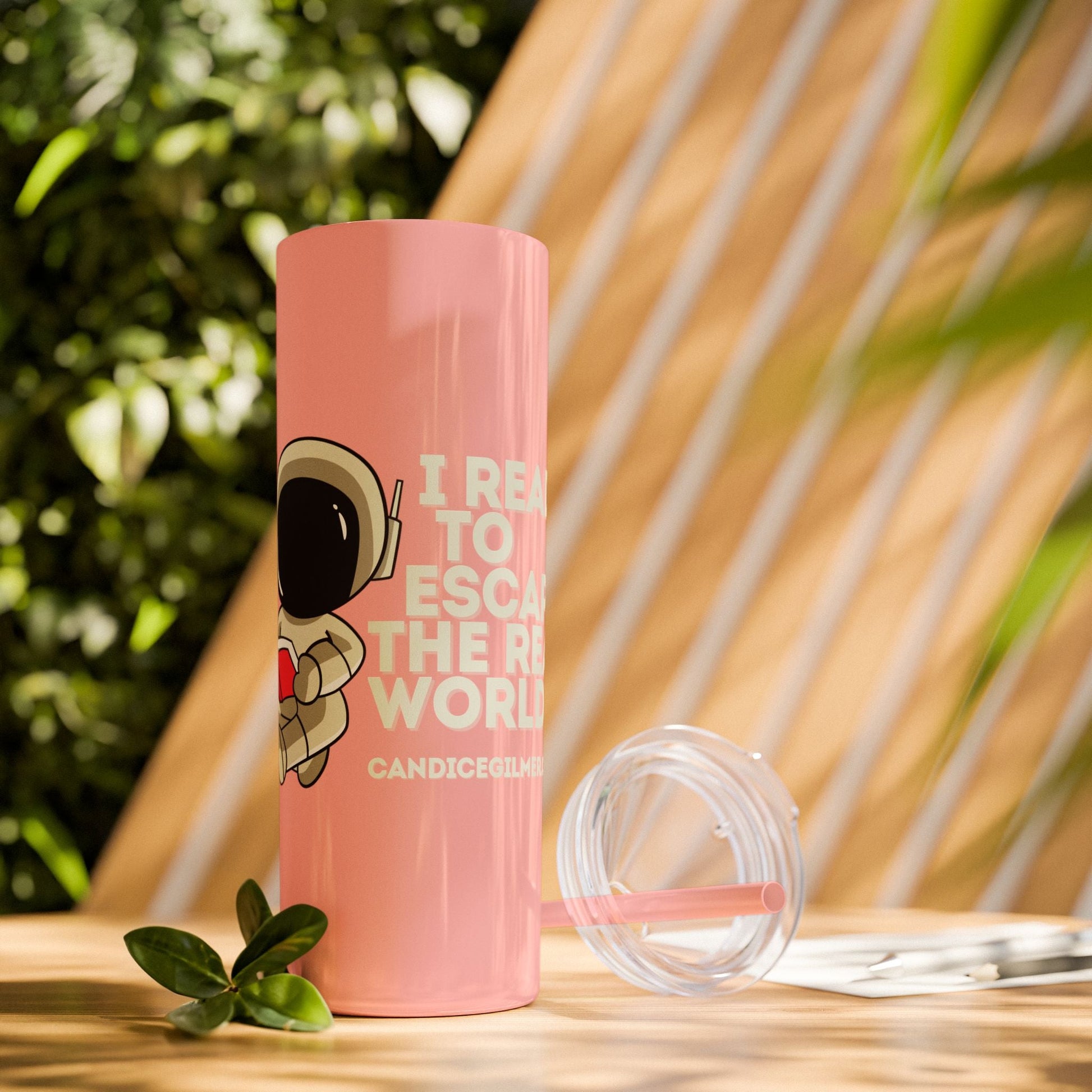 I Read to Escape the Real World Skinny Glitter Tumbler with Straw, Perfect for Space Lovers, Travel Mug, Coffee Cup, Drinkware - Candice Gilmer Books